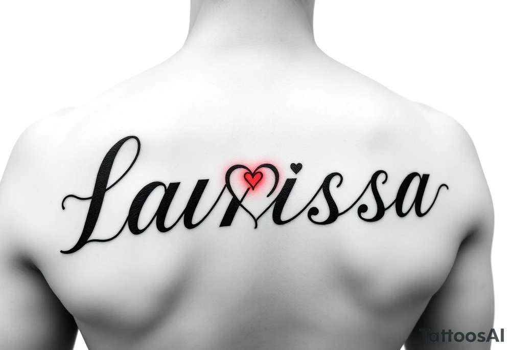 Can you make the name larissa in cursive but in black but put a little heart in between the i and the r and add a faint but visable red glowing around the name tattoo idea