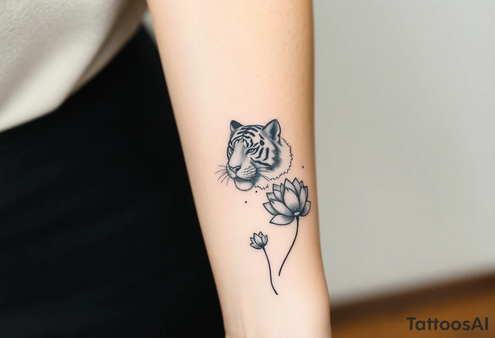 fierce tiger emerging through blooming lotus flowers in mist tattoo idea