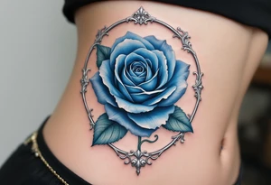 Blue rose in Art Nouveau frame, muted dusty blue petals with elegant, flowing metallic silver framing. tattoo idea