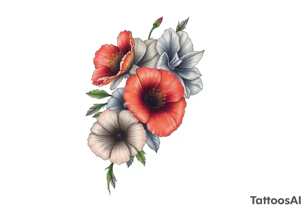 Fore arm tattoo in the neo american traditional style. I want to incorporate a few different flowers: poppy's, morning glorys, narcisus in full color tattoo idea