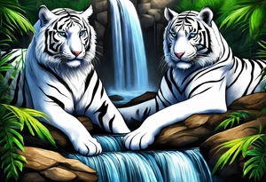 Two tigers: a white tiger and black tiger on opposite sides of a waterfall with an calligraphy ink container at the top and the Bahamas and Jamaica flag on opposite sides. tattoo idea