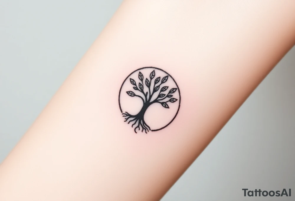 A tree in a circle,
 with fee leaves, with a spiral line moving outward, as its roots tattoo idea