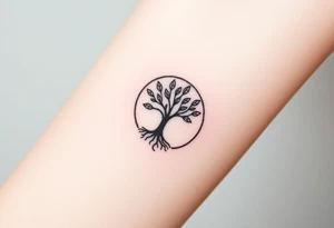 A tree in a circle,
 with fee leaves, with a spiral line moving outward, as its roots tattoo idea