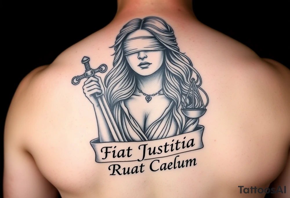 A striking black and grey tattoo design of a regal, blindfolded woman, symbolizing justice. She has an air of strength and wisdom, with flowing hair and a serene yet powerful expression. One breast is exposed, representing vulnerability and truth. She holds a sword in one hand, symbolizing enforcement of justice, and a set of scales in the other, signifying balance. The Latin phrase ‘Fiat Justitia Ruat Caelum’ is elegantly inscribed in a classical, Roman-inspired font, either flowing beneath her or wrapping around the design. The overall style is a fusion of realism and fine-line tattoo artistry, with intricate shading and dramatic contrasts to give depth and texture tattoo idea