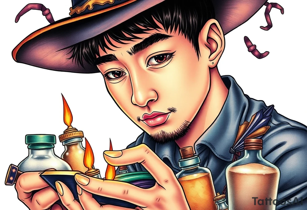 Handsome Asian young adult guy is  accidentally stumbled upon witch tools, supplies, artifacts, potions and exploring it curiously tattoo idea