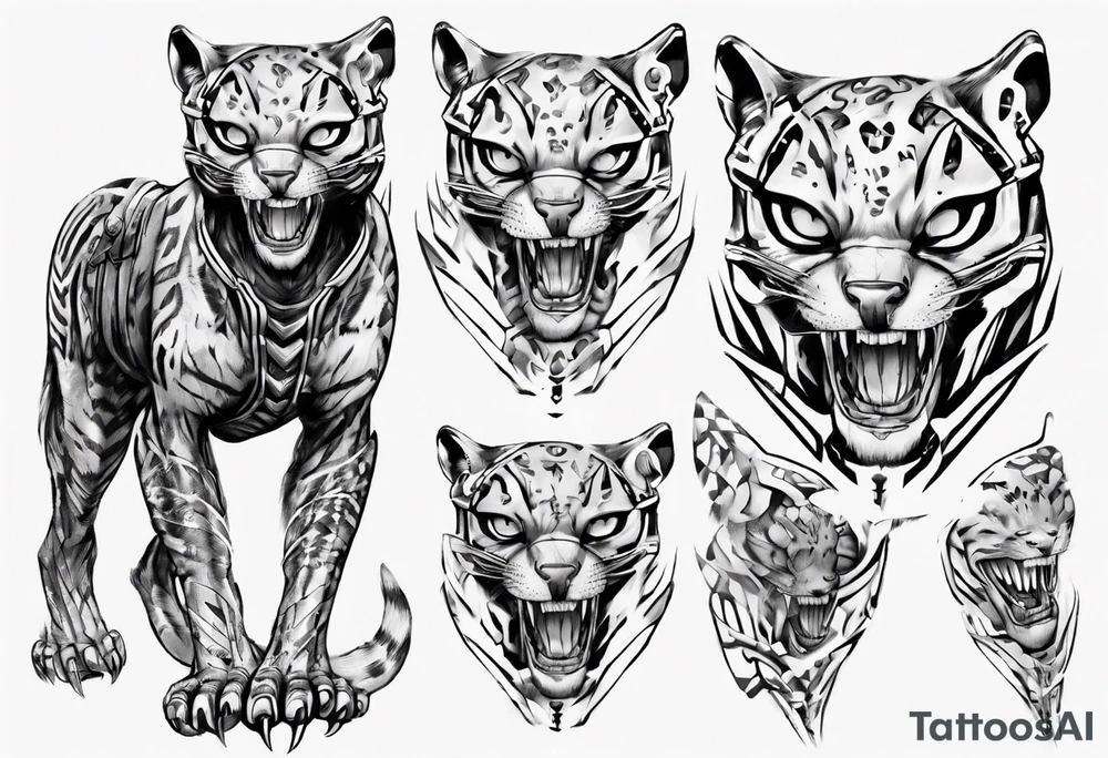 cybernetic ocelot full body teeth showing tattoo idea