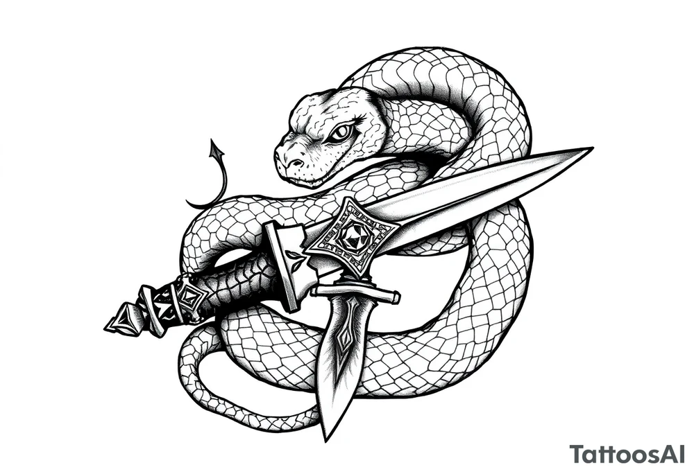 mystical snake coiled around an ancient dagger with jeweled hilt tattoo idea