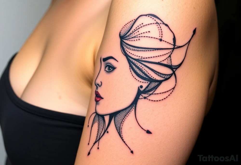 Desenhe uma tatuagem que simbolize uma mulher feminista de 41 anos, mãe de dois filhos homens, independente e filósofa inspirada nas teorias de Deleuze. A tatuagem deve expressar força, liberdade e conexão com a multiplicidade da vida, incorporando elementos abstratos e fluidos, com linhas que sugiram movimento e transformação contínua. Evite clichês e busque um design original e significativo. A tatuagem deve coobrir todo braço superior tattoo idea