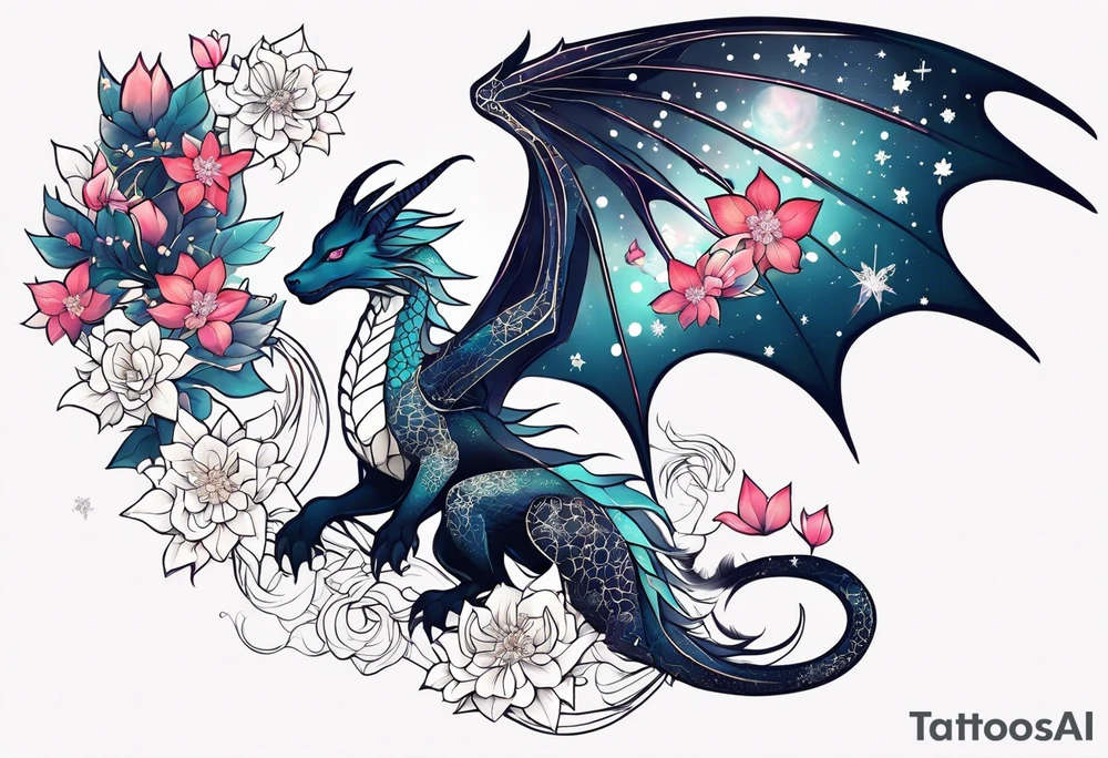 Constellation, wing , snow , cross , dragon female japan kawaii , flower tattoo idea