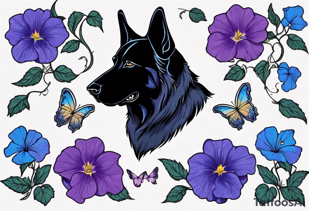Black German shepherd face surrounded by blue and purple morning glories tattoo idea