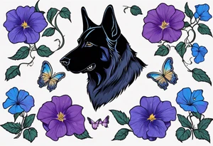 Black German shepherd face surrounded by blue and purple morning glories tattoo idea