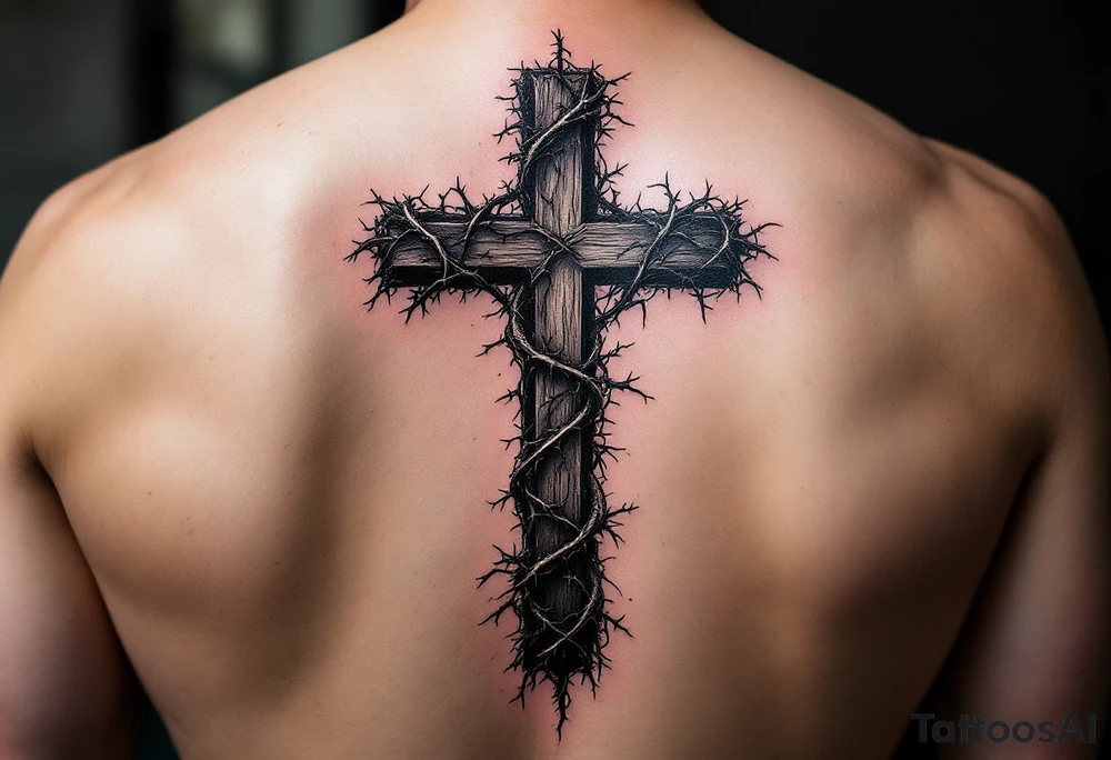 A detailed upside down cross with thorny vines wrapping around it, darkened with black ink and deep purple shadows, symbolizing struggle and resilience. tattoo idea