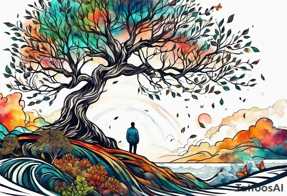 Tree of life with the roots going into a tigers stripes tattoo idea