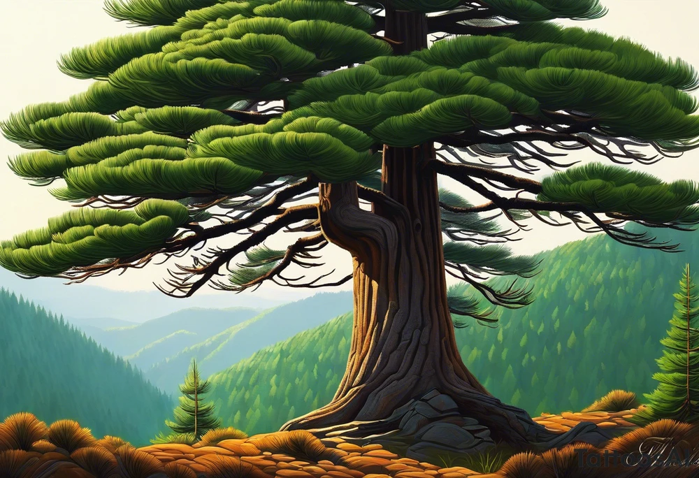 A majestic pine tree standing tall in a serene forest, with vibrant green needles covering only one side of the tree. The other side is stark and bare, with branches exposed and no leaves. The scene is bathed in soft, early morning light, creating a contrast between the lush side and the barren side of the tree. The forest background is dense and green, emphasizing the unique appearance of the pine tree. --v 5 --ar 16:9 --q 2 tattoo idea