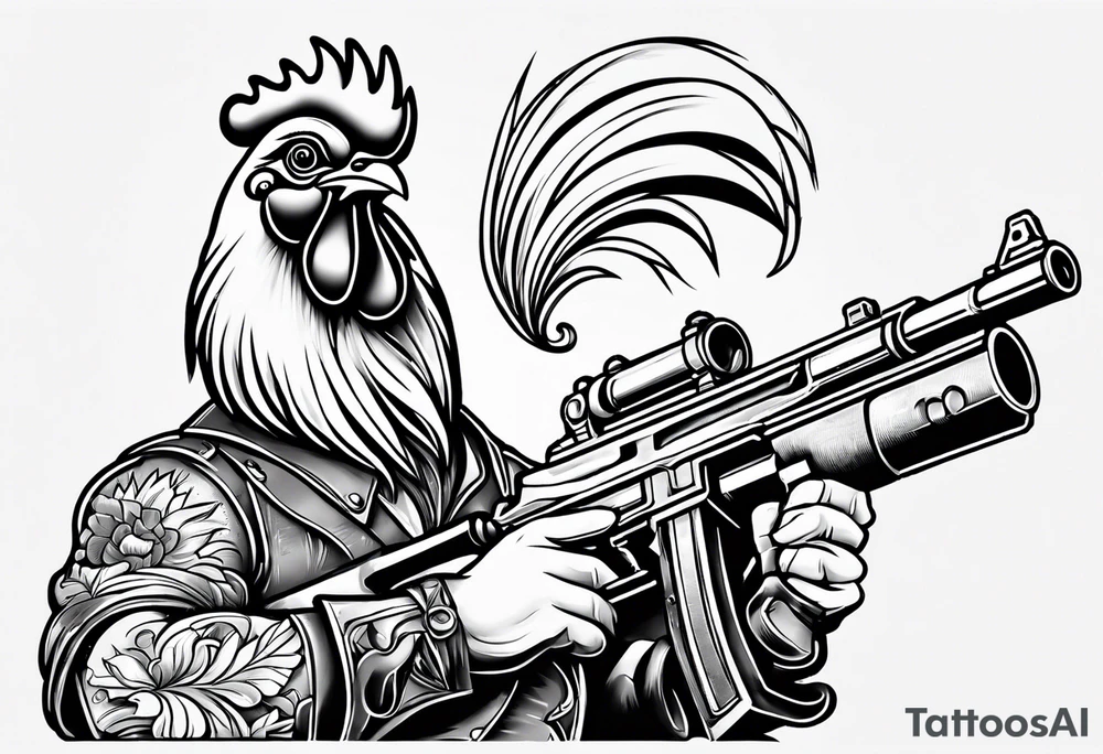 cartoon rooster holding a machine gun tattoo idea