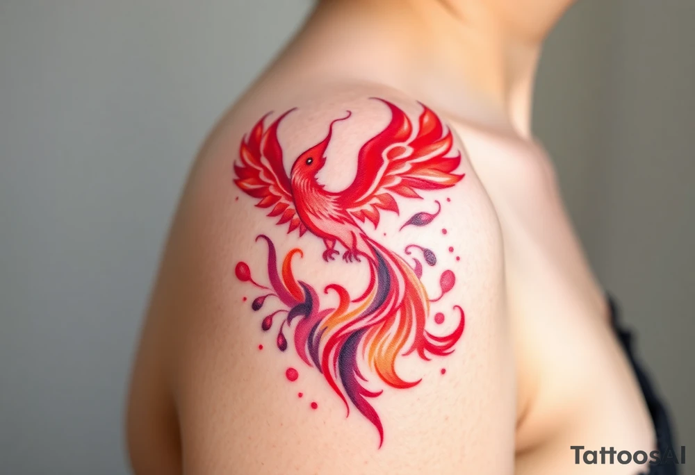 Square, phoenix rising from fire, colors red, pink, orange and purple. tattoo idea