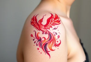 Square, phoenix rising from fire, colors red, pink, orange and purple. tattoo idea