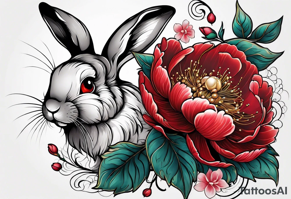 Red peony with hanging pearls and rabbit tattoo idea