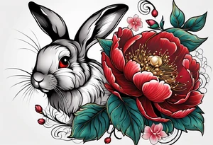 Red peony with hanging pearls and rabbit tattoo idea