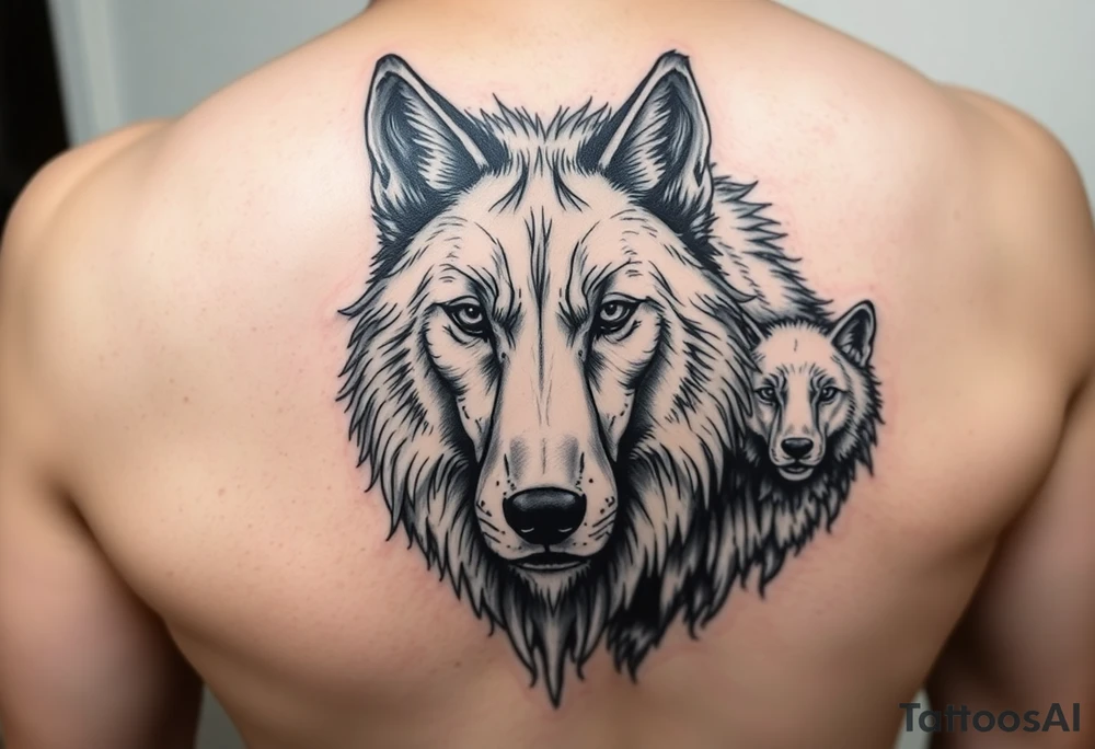 A solitary yet sublime and noble wolf and its progeny. the face tattoo idea