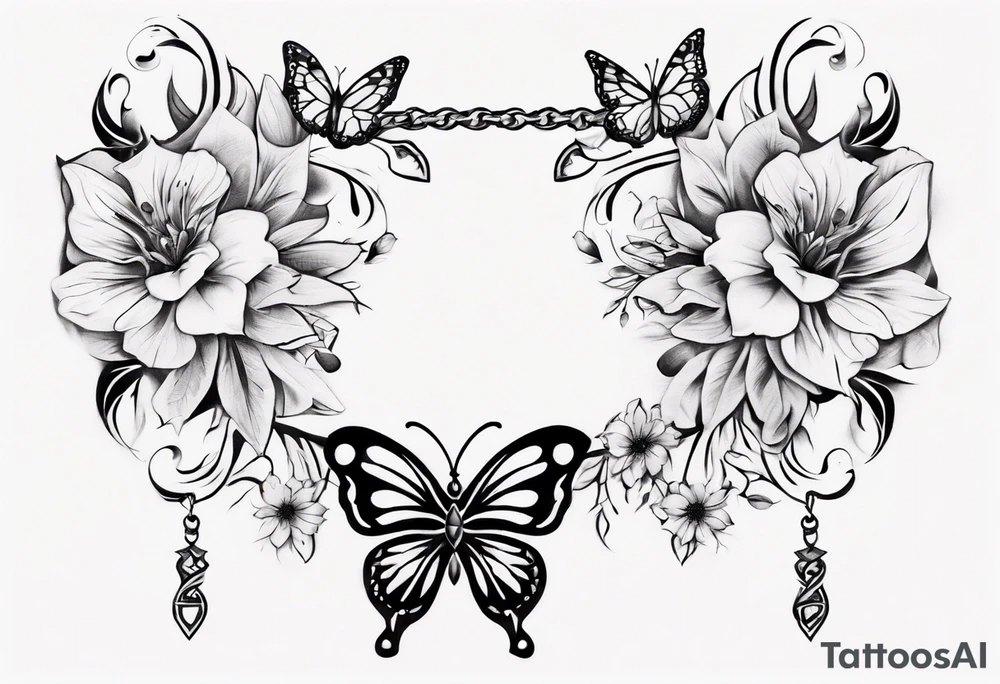 Ankle bracelet tattoo with ornamental style flowers and butterflies and larger in the centre tattoo idea