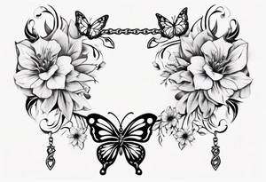 Ankle bracelet tattoo with ornamental style flowers and butterflies and larger in the centre tattoo idea