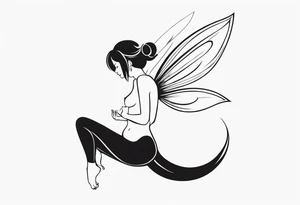 Minimalistic, monochromatic fairy with a tail flying to the left in a fetal position, leaning and looking in the same direction, with visible hands, embodying the 'Fairy Tail' logo aesthetic. tattoo idea