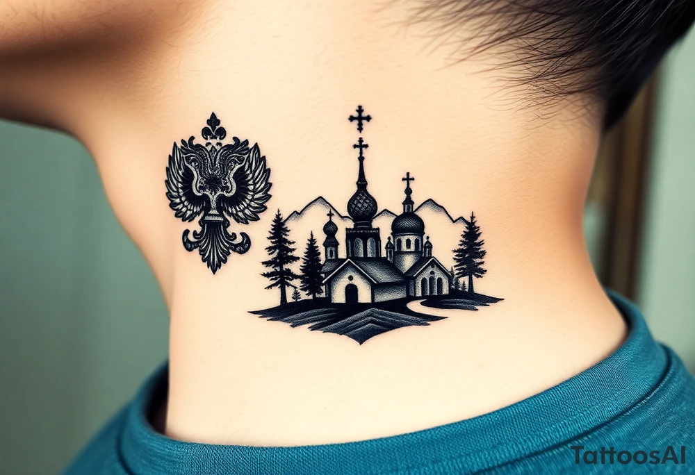 Traditional authentic Russian coat of arms with a Christian orthodox virgin marry in the middle and silhouette in a Russian wilderness Christian orthodoxy dome church village setting on the side of my neck tattoo idea