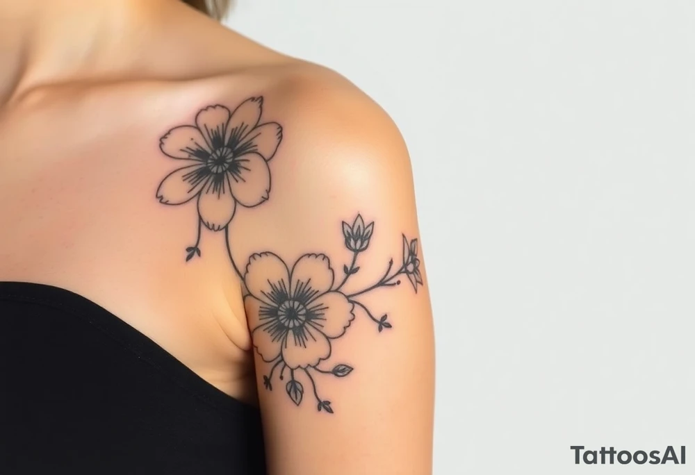 Desenhe uma tatuagem que simbolize uma mulher feminista de 41 anos, mãe de dois filhos homens, independente e filósofa inspirada nas teorias de Deleuze. A tatuagem deve expressar força, liberdade e conexão com a multiplicidade da vida, incorporando elementos abstratos e fluidos, com linhas que sugiram movimento e transformação contínua. Evite clichês e busque um design original e significativo. A tatuagem deve coobrir todo braço superior. Use flores. tattoo idea