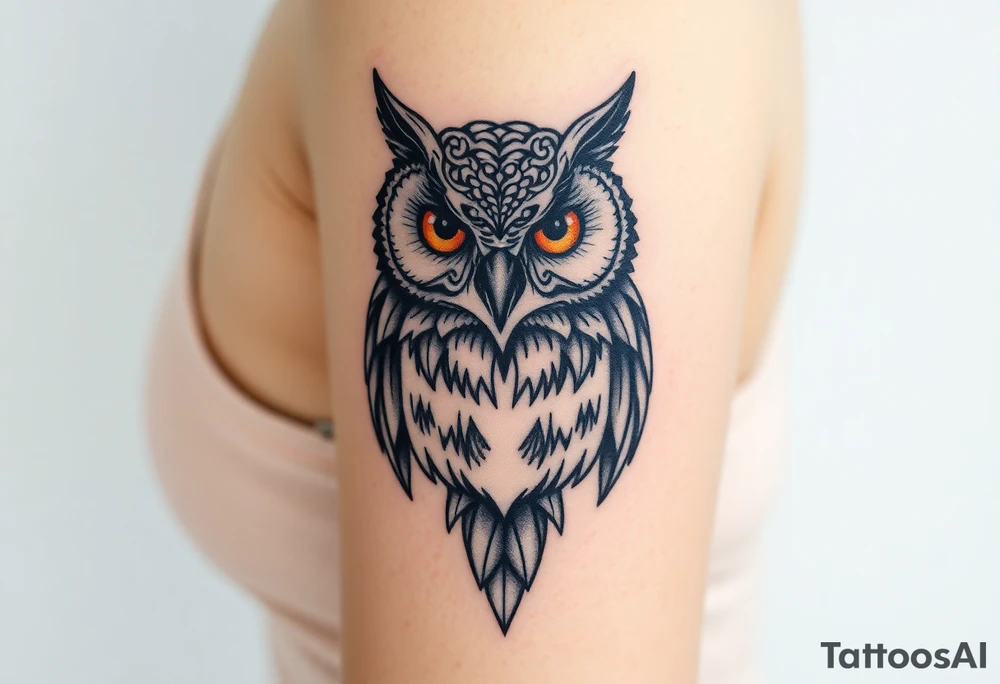 powerful, owl, front facing and piercing eyes tattoo idea