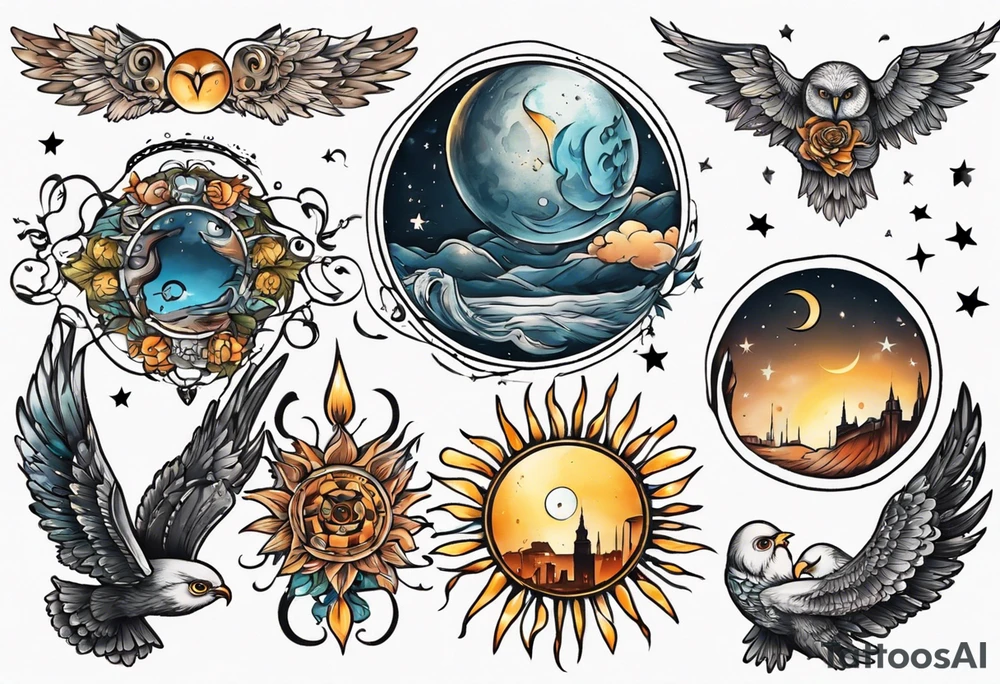 Mond und Sonne mit Eule und Wassermann und Berlin tattoo idea