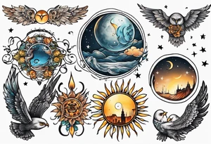 Mond und Sonne mit Eule und Wassermann und Berlin tattoo idea
