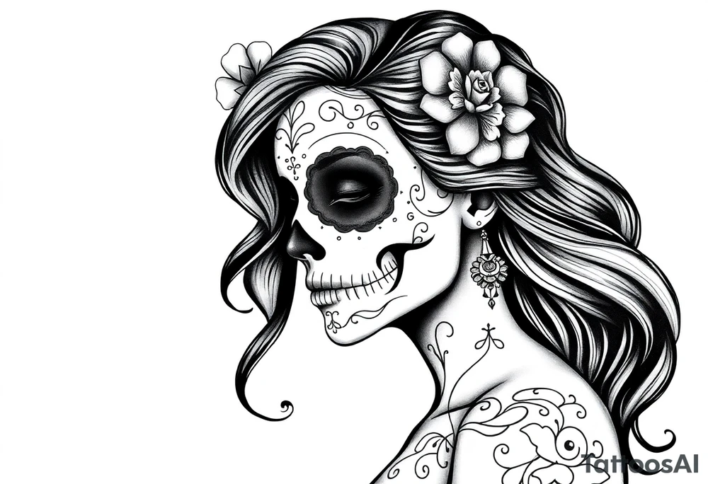 Beautiful woman sugar skull dark background tattoo idea