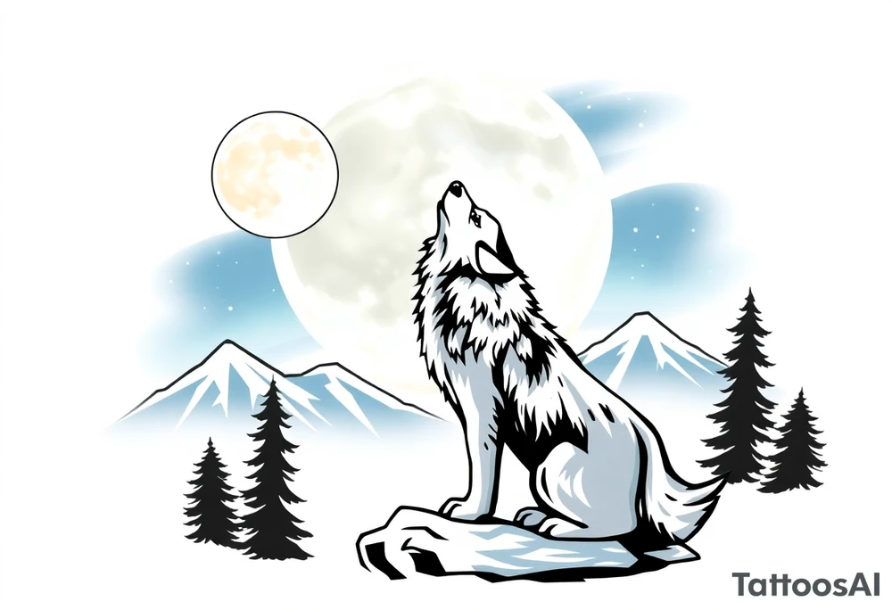 lone wolf howling at full moon with northern lights back drop 66⁶6⁶6 tattoo idea
