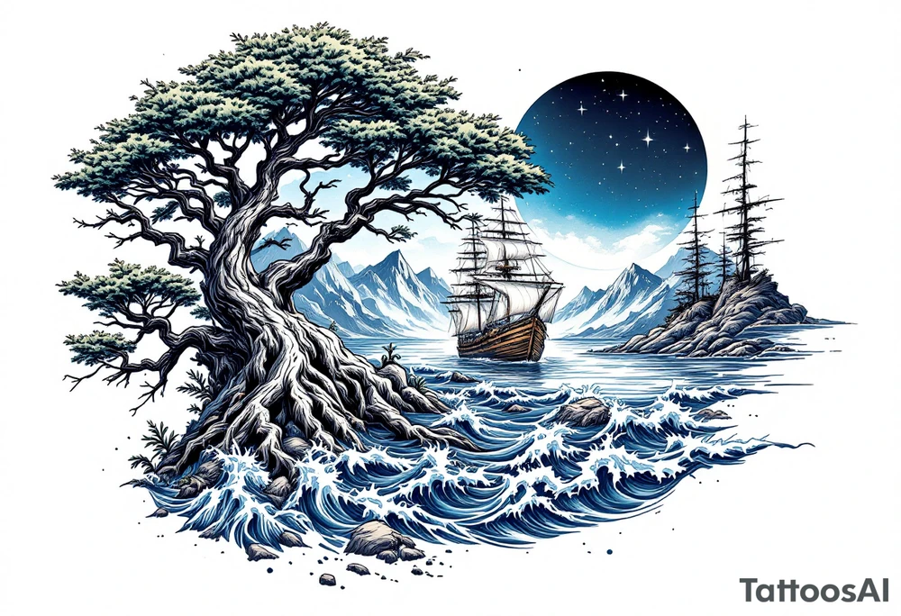 tattoo that has an acacia tree with mountains, ocean with a ship wreck and the northern star tattoo idea