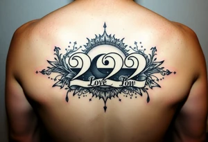 Number 222 surrounded with ying yang and sunset and love and stardust and vibration tattoo idea