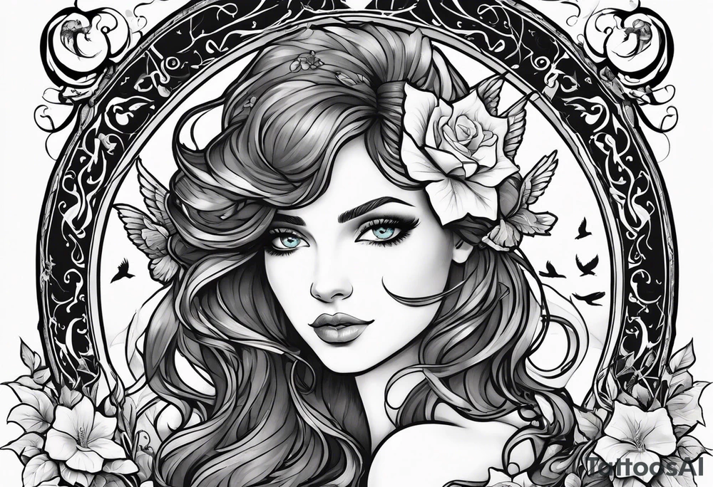 Black Aphrodite with auburn hair and ocean-blue eyes surrounded with doves and poison ivy sitting on a heart tattoo idea