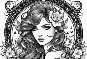 Black Aphrodite with auburn hair and ocean-blue eyes surrounded with doves and poison ivy sitting on a heart tattoo idea