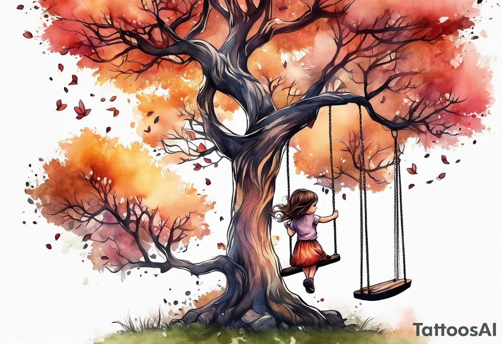 little girl swinging under a tree of life tattoo idea