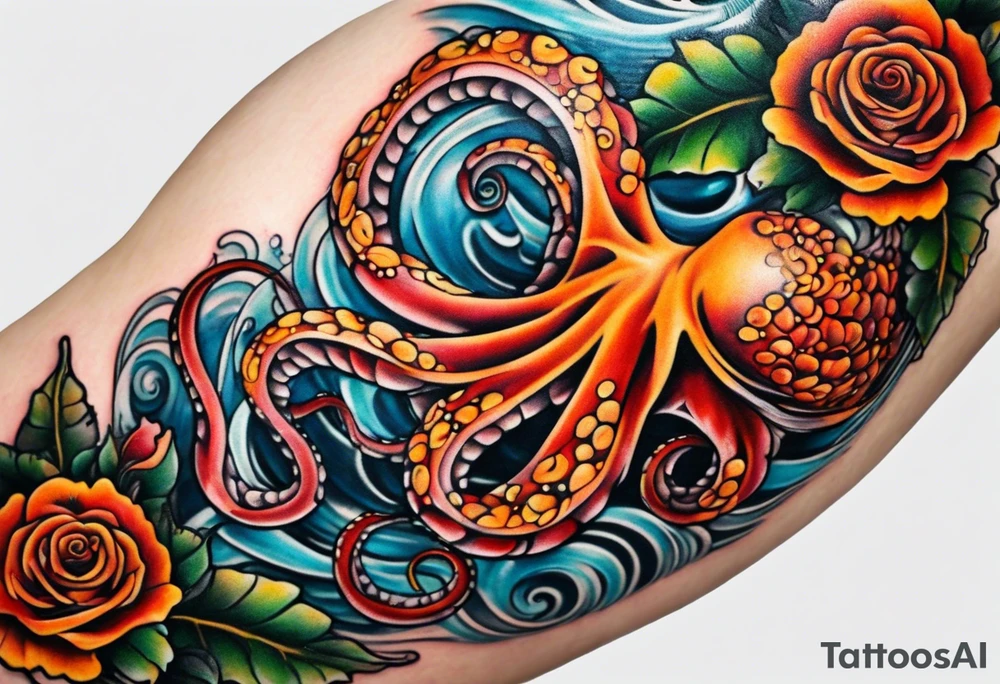 abstract left thigh tattoo with a large octopus in water swirls wrapping around rocks, a rose, in fall colors with some small leaves and fall elements tattoo idea