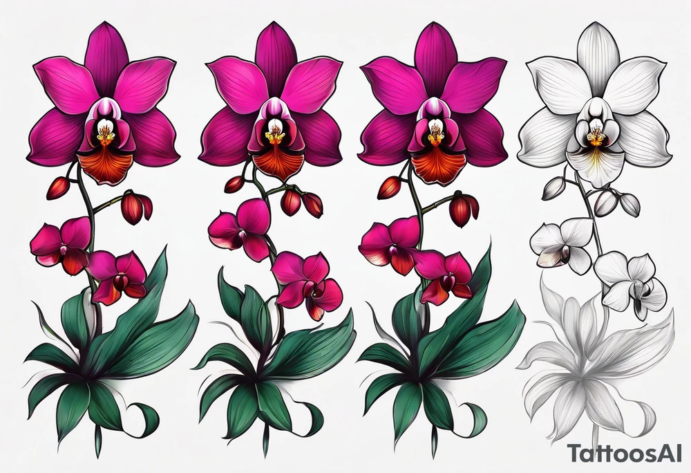 vertical minimal design with 
orchids tattoo idea