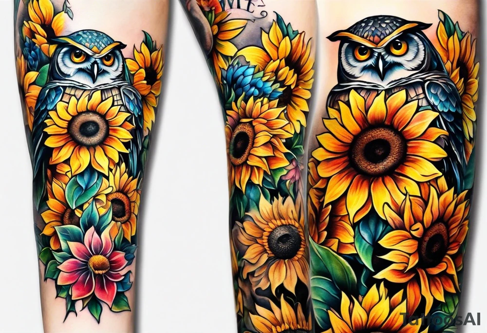 Leg sleeve with colorful sunflowers and an owl tattoo idea