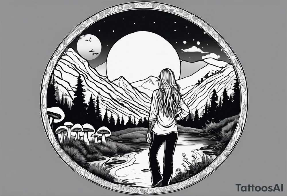 Whole picture encircled fully

Straight long blonde hair hippie girl in distance holding mushrooms in hand facing away toward mountains and creek surrounded by mushrooms long sleeve shirt and hiking pants; whole rendering within a full circle, no cut off circle tattoo idea