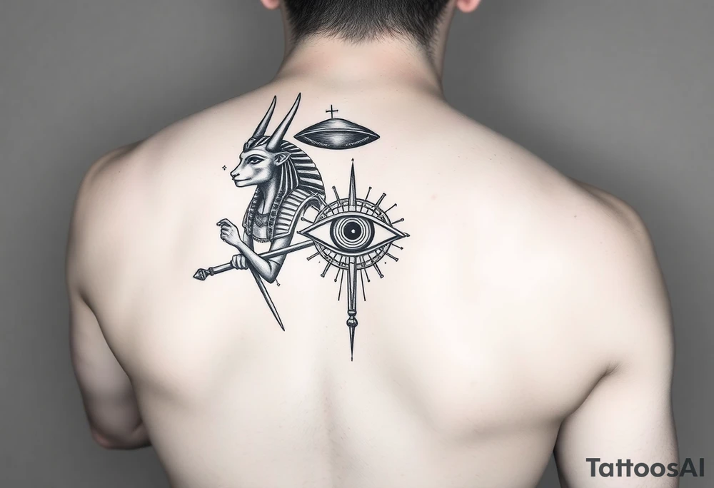 "Anubis as gold ufo. His staff is a satellite antenna. Floating Eye of Horus is a blockchain audit log.  

Style: Hyper-detailed blackwork. Thigh/calf placement." tattoo idea