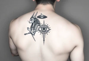 "Anubis as gold ufo. His staff is a satellite antenna. Floating Eye of Horus is a blockchain audit log.  

Style: Hyper-detailed blackwork. Thigh/calf placement." tattoo idea