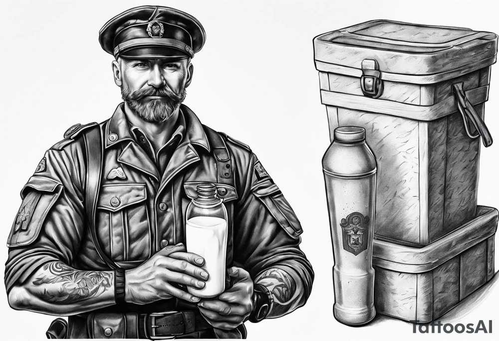 sven is a german doctor and soldier he holds a bottle of milk in one hand and a knife in the other tattoo idea