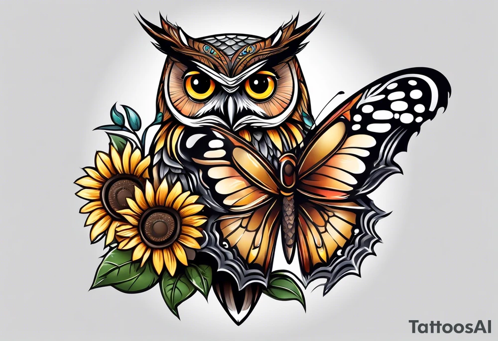 Small owl with butterfly and sunflower leg sleeve tattoo idea