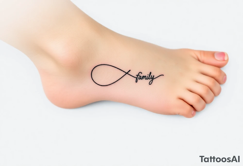 A minimalist infinity symbol composed of thin, intersecting lines, with the word "family" subtly incorporated along the curve in a contemporary font tattoo idea