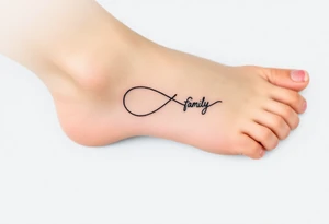 A minimalist infinity symbol composed of thin, intersecting lines, with the word "family" subtly incorporated along the curve in a contemporary font tattoo idea