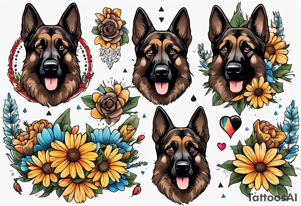Dark Brown German shepherd portrait surrounded by  daisies brightly colored tattoo idea